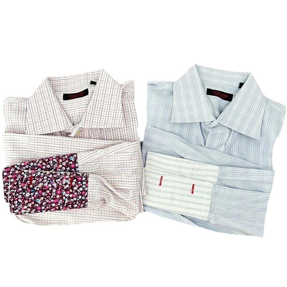 Mens Modern Dress Shirt Lot L Blue Lavender Contrast Cuff Floral Takumi Japan